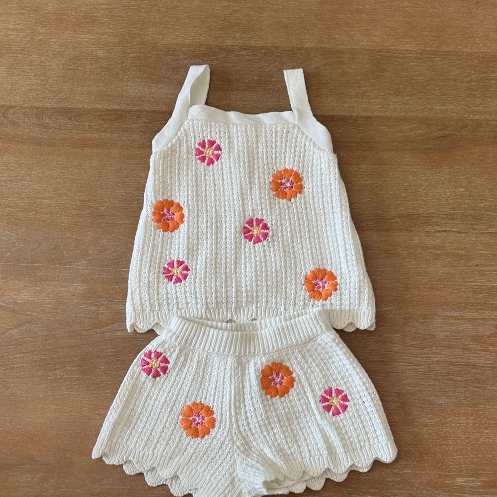 C&C California White Knit Tank and Shorts Set with Floral Accents